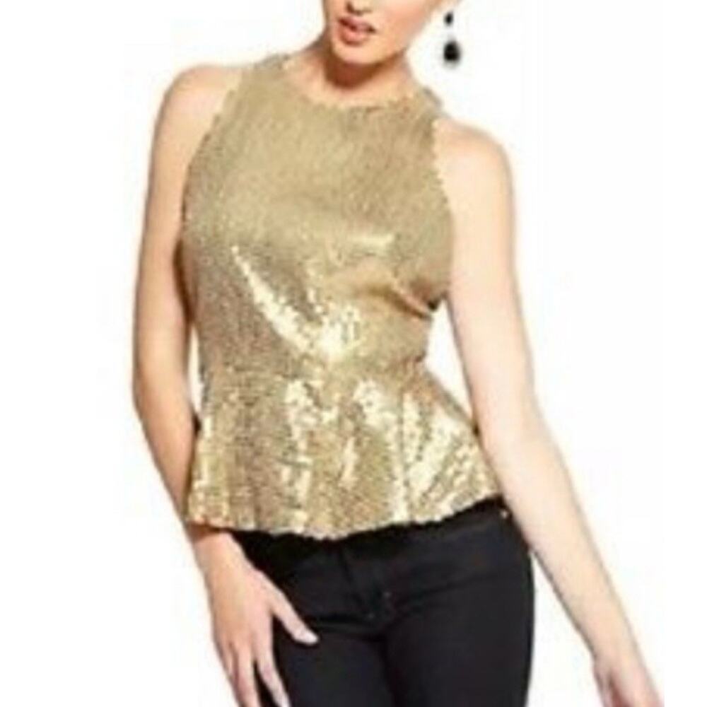 Festive Holiday Guess by Marciano Sequin Peplum Gold Sassy Top Sz M
